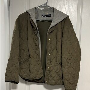 Zara Khaki Quilted Jacket with Gray Hood